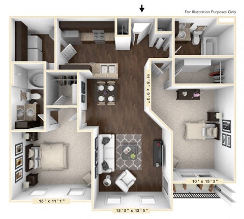 Floor plan for 2 beds, 2 baths, 1091 sqft